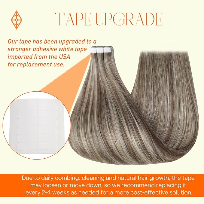 Full Shine Tape in Hair Extensions 18 Inch Ash Brown Highlights Platinum Blonde 8p60 Invisible Tape in Hair Extensions Human Hair Adhesive Remy Seamless Tape Extensions 50G 20Pcs for Wedding