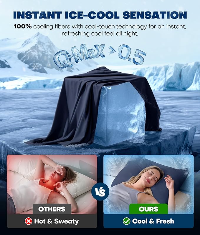 Ultra-Chill Cooling Pillowcase Set of 2 for Hot Sleepers, Softer Than Silk Pillow Cases for Protecting Hair & Skin, Breathable Bed Pillow Covers w/Zipper, Gifts for Women & Men (Navy Blue, King)