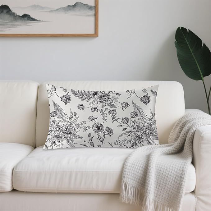 Satin Pillowcase 1 Pack-Black and White Peony Tulips Vintage Floral Silky Pillow Cover for Hair and Skin,King Size 20x36 Inch Soft Cooling Printed Pillow Cases with Hidden Zipper,Gifts for Women Men