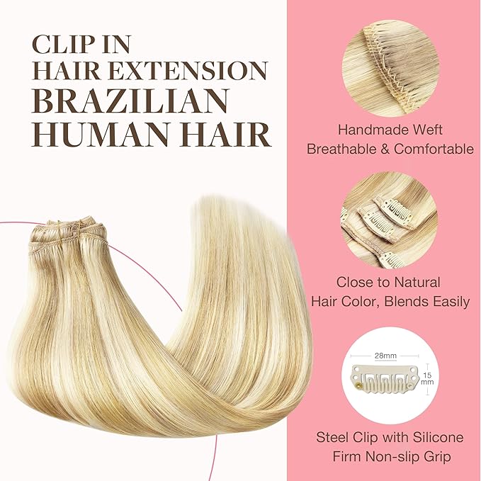 GOO GOO Clip in Hair Extensions Real Human Hair, Remy Human Hair Extensions Clip ins for Women, Natural Human Hair, 24inch 170g 7Pcs, #18D/22F Dirty Blonde Highlights