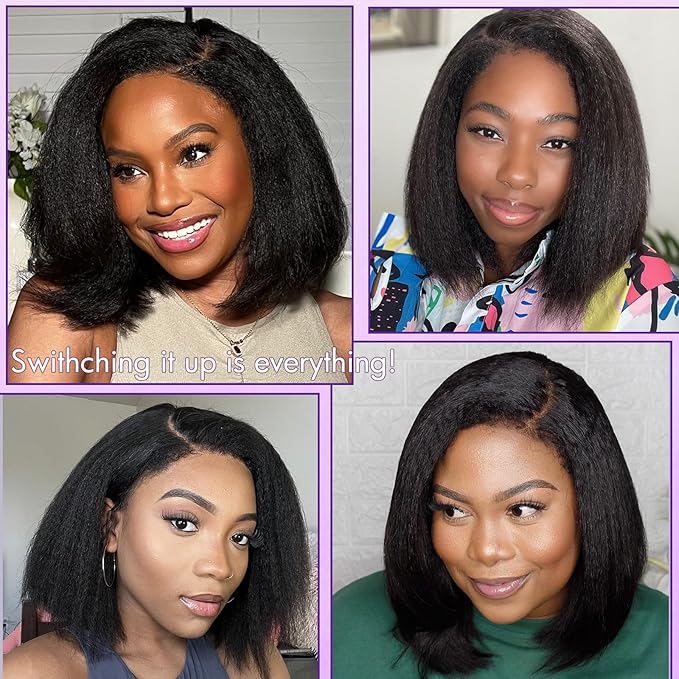 LUVME HAIR 4C Kinky Edges Lace Front Bob Wig 10 Inch Short Kinky Straight Human Hair Wig Glueless Deep Side Parted Lace Bob Wig with Natural Hairline For Women