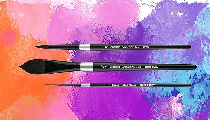 Silver Brush Limited WC-3000S Black Velvet Master Watercolor Set, Set of 3, Size 3/4 Inch Oval Wash, Size 8 Round, and Size 1 Script Liner Paintbrushes, Short Handle