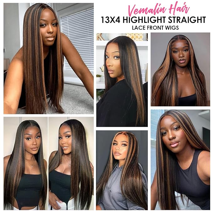 28 Inch Ombre Lace Front Wig Human Hair 1B/30 Highlight Straight Lace Front Wigs Human Hair Colored 13x4 Brown Wig Human Hair 200% Density Balayage Glueless HD Lace Frontal Wigs