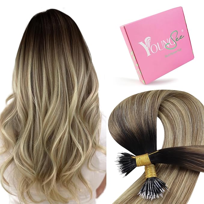 YoungSee Nano Ring Hair Extensions Human Hair Balayage Darkest Brown with Blonde Nano Tip Human Hair Extensions for Short Hair Pre Bonded Real Hair Nano Extension Straight Add Volume 50g/50s 14in