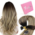 YoungSee Nano Ring Hair Extensions Human Hair Balayage Darkest Brown with Blonde Nano Tip Human Hair Extensions for Short Hair Pre Bonded Real Hair Nano Extension Straight Add Volume 50g/50s 14in