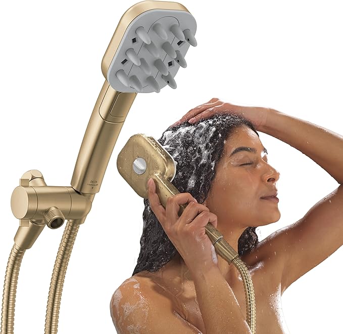 Delta VersaCurl Detangling Handheld Shower Head Tool for Curly Hair with 3 Curl Defining Brush Inserts Included, Detangler Brush Hand Shower with Hose, Champagne Bronze 74B430CZ