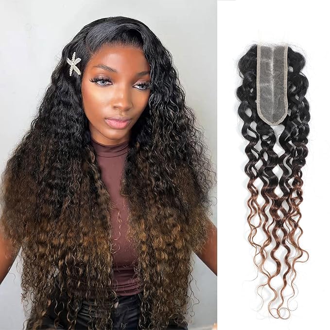 T1B/2/30 Ombre Water Wave 2x6 Lace Closure 100% Real Human Hair 14 Inch Chestnut Brown Ombre Water Wave Transparent Lace Closure