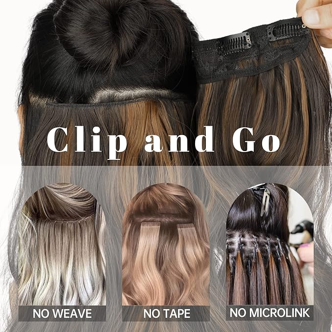 KooKaStyle Clip in Synthetic Hair Extensions Long Wavy 4PCS Thick Hairpieces Light Brown mix Golden Blonde Fiber Double Weft Natural Hair Extensions 16 Inch for Women