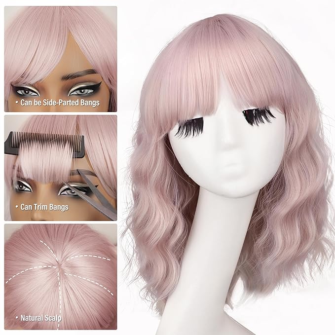 Nnzes Short Wavy Bob Wig with Bangs for Women Shoulder Length Curly Light Pink Synthetic Heat-Resistant Fiber Hair for Daily & Party Use