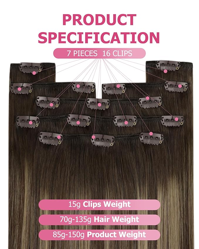 YoungSee 135g Clip in Extensions Real Human Hair Balayage Chocolate Brown Mix Caramel Blonde Invisible Clip in Brown Hair Extensions for Women Clip on Remy Hair Extension Straight 18Inch 7Pcs
