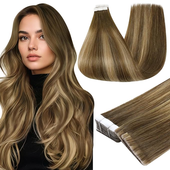Full Shine Seamless Injection Tape in Extensions Color 4/24/4 Brown Fading to Blonde and Brown 24 Inch Invisible Machine Remy Thick Tape in Hair Extensions Human Hair 20 Pcs Silky Straight 50G