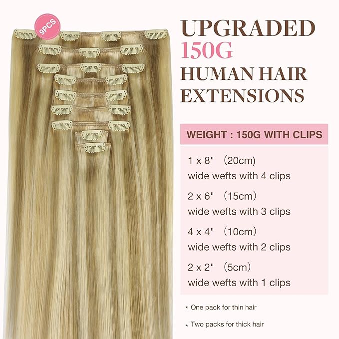 GOO GOO Clip in Hair Extensions Real Human Hair, Remy Human Hair Extensions Clip ins for Women, Natural Human Hair, 22inch 150g 9Pcs, 16/22 Light Blonde Highlighted Golden Blonde