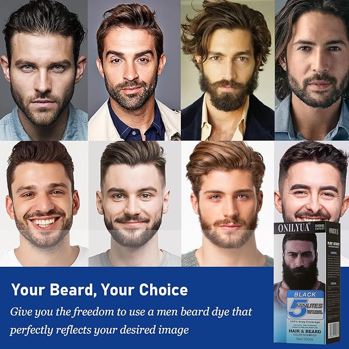Men's Long-Lasting Black Hair Dye & Root Touch Up for Gray Coverage - 5 Minute Natural Beard & Mustache Coloring Shampoo 3-in-1