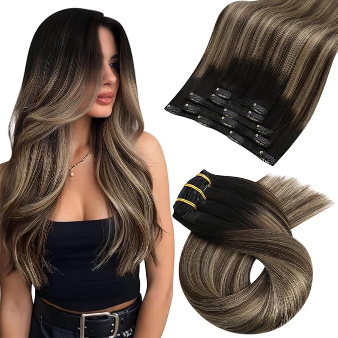 Moresoo Clip in Hair Extensions Real Human Hair Balayage Black to Brown with Dark Blonde Remy Straight Invisible Double Weft Ombre Human Hair Clip in Extensions 5pcs 80g 18inch