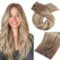 Moresoo Seamless Extensions Clip in Human Hair Light Brown Ombre Golden Blonde Seamless Balayage Clip in Hair Extensions Human Hair 7pcs/120g 22inch
