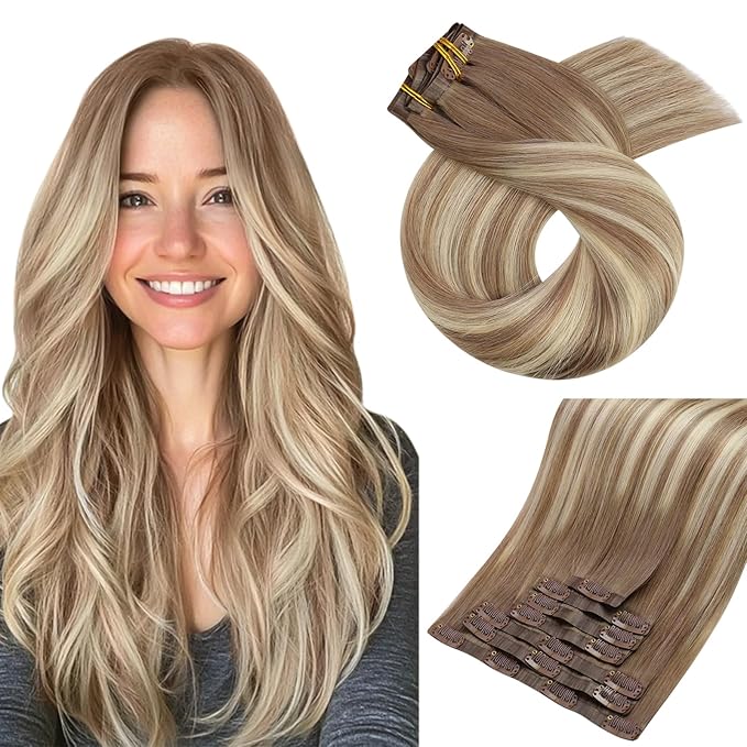 Moresoo Seamless Extensions Clip in Human Hair Light Brown Ombre Golden Blonde Seamless Balayage Clip in Hair Extensions Human Hair 7pcs/120g 22inch