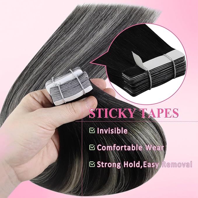 YoungSee Human Hair Tape in Extensions Black Ombre Invisible Tape-in Natural Hair Extensions Ombre Black to Silver Tape ins Hair Extension for Women 16 In 50g 20pcs Extensiones Adhesivas Pelo Humano