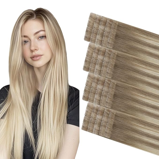 COOKAYU Invisible Tape in Hair Extensions Human Hair, Invisible Injected Tape in extensions Ash Brown to Platinum Blonde 16Inch 20pcs 35g Invisi Edge