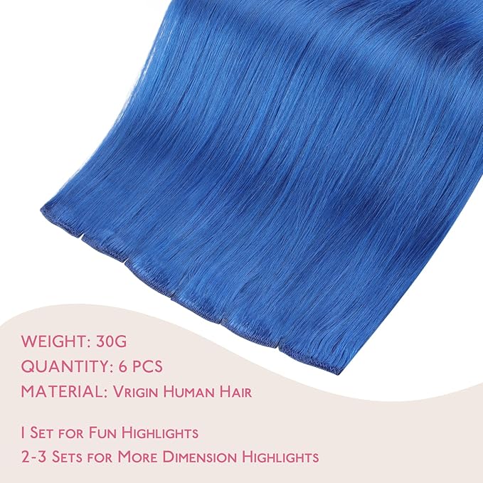 WENNALIFE Blue Clip in Hair Extensions Real Human Hair 35g 6pcs 16 Inch Colored Hair Extensions for Kids Women Colorful Hair Pieces Pop-up Style Straight Extensiones De Cabello Humano Con Clip