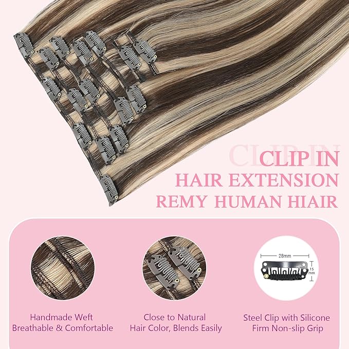 PINKPEARL Clip in Hair Extensions Human Hair 22inch 120g 7pcs Remy Human Hair Extensions Clip in #4P27 Chocolate Brown Highlighted Caramel Blonde Clip Hair Natural Human Hair(#4P27-22)