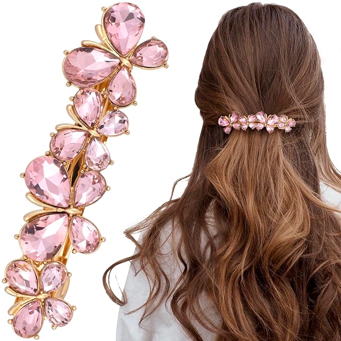 Joez Wonderful Rhinestone Hair Clips, Bridal Hair Accessories for Women, Sparkly Crystal Hair Pins, Fancy Hair Barrettes for Wedding, Bride, Long Hair (Pink Butterfly, 1 Pcs)
