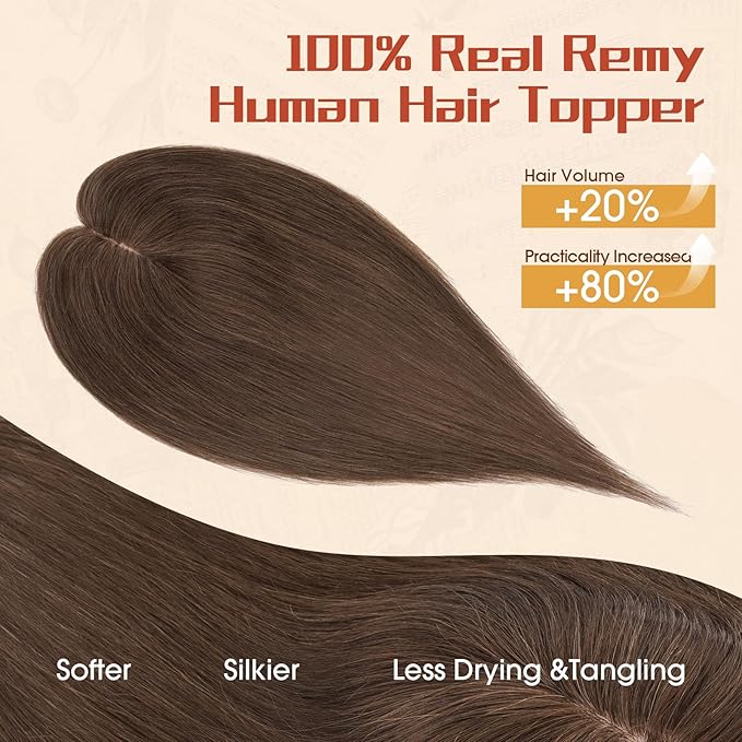 Rich Choices Human Hair Toppers for Women-100% Real Remy Hair Topper No Bang-Upgraded 150% Density 9 * 12CM Lace Base-Clip in Hairs Topper for Thinning Hairs-14Inch #2R Chocolate Brown