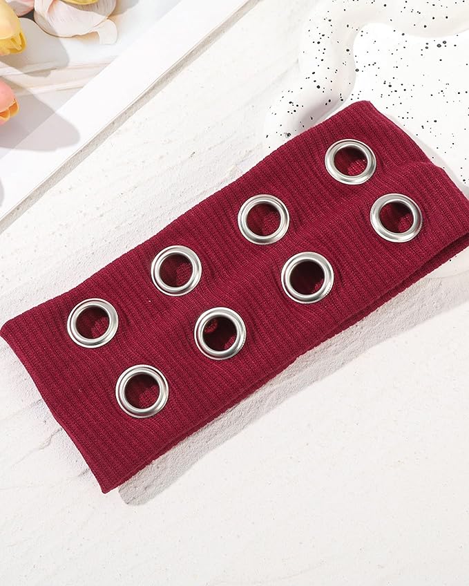 Grommet Headband for Women, Wide Burgundy 20cm Hollow Out Elastic Hair Band, Eyelets Punk Grunge Stylish Hairband
