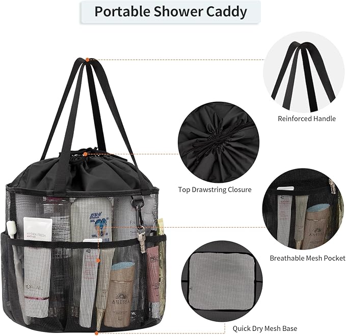 Mesh Shower Caddy Portable, Large Capacity Shower Bag Quick Dry Bathroom Tote, Travel Toiletry Bag Organizer with 6 Pockets for Dorm Room, Gym, Bathroom, Swimming, Camping, Beach, Travelling