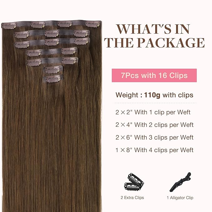 GOO GOO Clip in Hair Extensions Real Human Hair, Remy Human Hair Extensions Clip ins for Women, Natural Human Hair, 20inch 130g 7Pcs, #4A Chocolate Brown