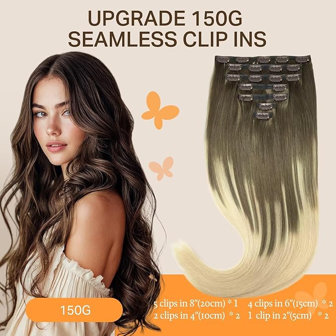 DOORES Human Hair Clip in Extensions - Ash Brown to Platinum Blonde, 14 Inch, 130g, 9pcs - Seamless, Natural, Straight, Invisi Edge, Thick