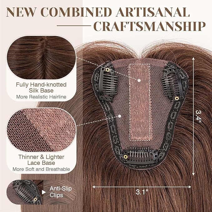 S-noilite Hair Toppers for Women Real Human Hair 3D 360° Cover Clip in 100% Real Human Hair Toppers 3″*4″ Clip in Silk Base 12 inch Chestnut Brown