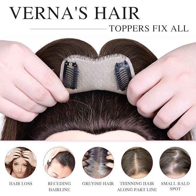 VERNA Real Human Hair Topper, 10 Inch 100％ Human Hair Toppers for Women with Thinning Hair, Large area Coverage Dark Brown Hairpiece Wiglet for Daily Wear(8 * 11)