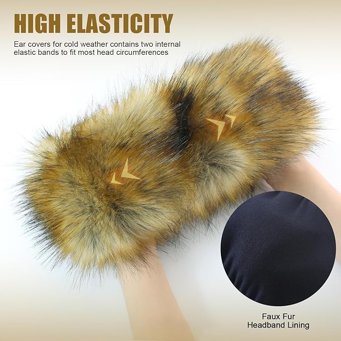 Faux Fur Headband for Women Elastic Fuzzy Thick Earmuffs Winter Headwrap Ear Muffs Furry Ear Warmers Cold Weather (Brown 2)