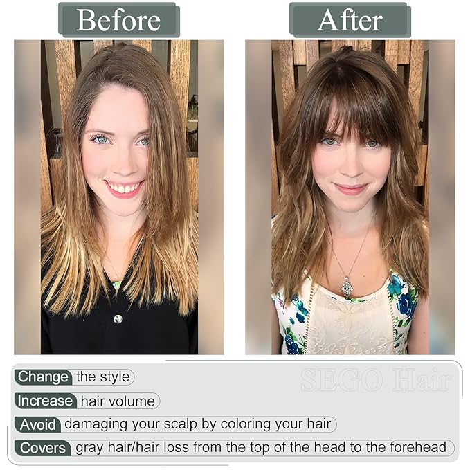 SEGO Hair Toppers for Women Real Human Hair with Thinning Hair, Toppers Hair Pieces Clip in Toppers Straight Hair Pieces with Front Bangs 150% Density Silk Base -14 Inch #4 Medium Brown