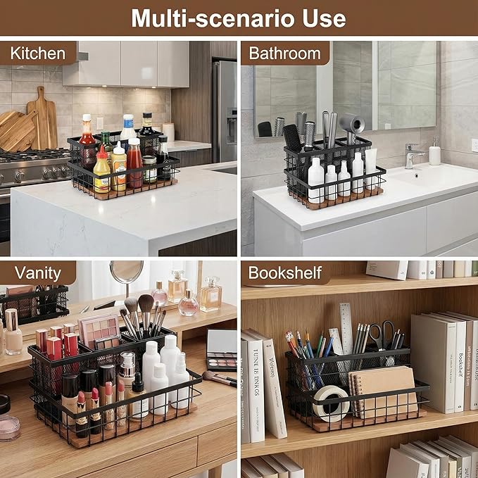 2 Pcs Hair Tool Organizer Countertop Breathable Metal & Bamboo Hot Tools Organizer Under Sink Bathroom Hair Dryer Holder Countertop Brush Comb Holder,Makeup Tray (Koa Wood,Black)