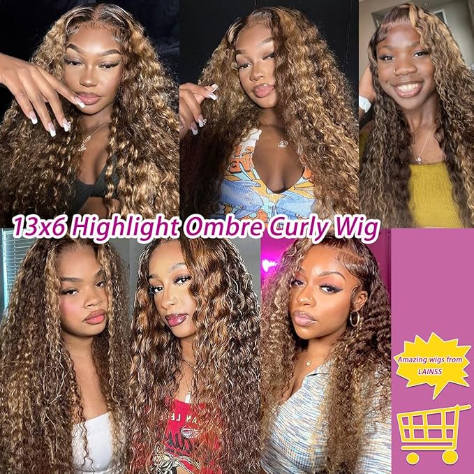 13x6 Highlight Lace Front Wig Human Hair 4/27 Ombre Deep Wave Lace Front Wigs Pre Plucked with Baby Hair 210% Density Highlight Curly Glueless Wigs 34 Inch