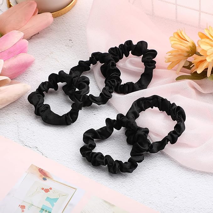 WILLBOND 30 Pcs Small Satin Silk Scrunchies Bulk for Women, Thin Hair Ties Mini Scrunchy Bands Skinny Ponytail Holders for Thick Curly Hair Pony Tails Wrist Decor(Black)