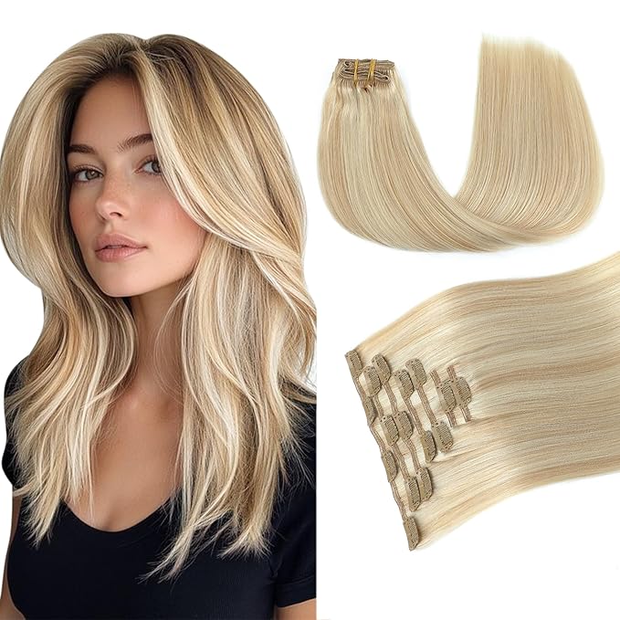 PINKPEARL Clip in Hair Extensions #27P60 Caramel Blonde Highlighted Platinum Blonde 120g 7pcs 18 Inch Clip in Hair Extensions Real Human Hair Hair Extension Clip Ins(#27P60-18)