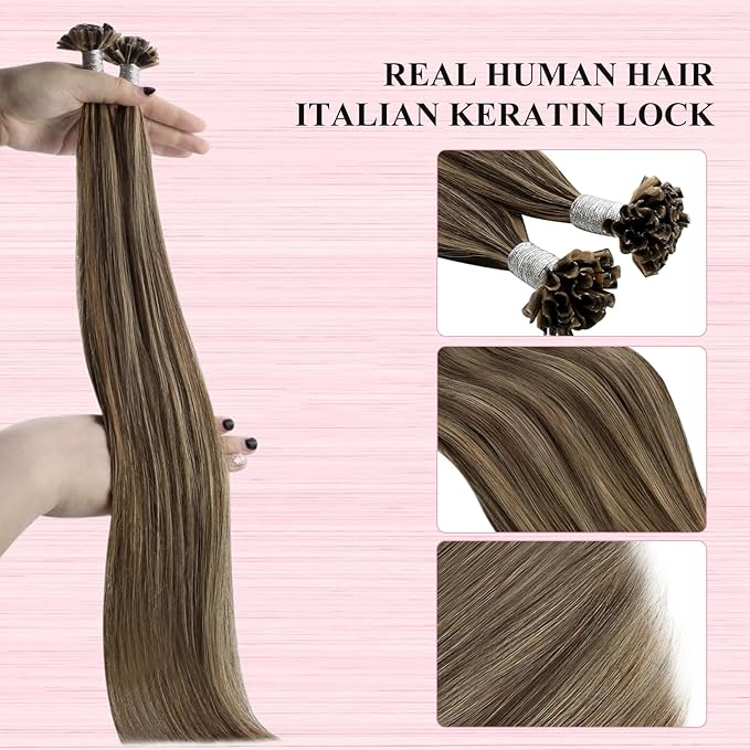 YoungSee U Tip Hair Extensions Human Hair Highlight Brown with Blonde Utip Hair Extensions Human Hair Brown U Tip Hair Extension Highlight Keratin Hair Extension for Women 16In 1G/S 50G