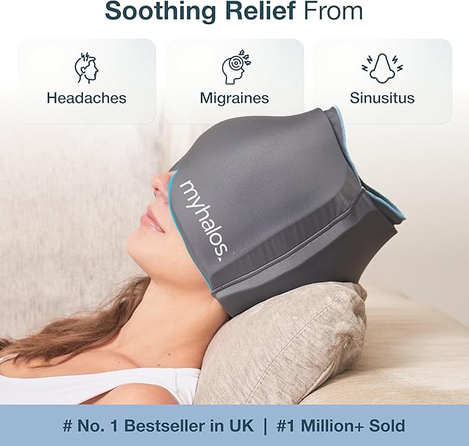 MyHalos® Migraine Relief Cap, 30% Thicker, 2X More Cooling Gel - Stays Colder for Longer, Ice Hat, Ice Pack Head Wrap, Cold Headaches & Migraine Mask - Hangover, Tension Headache Relief Cap (Gray)