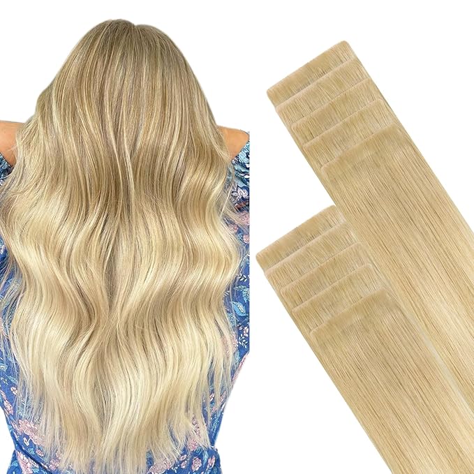 GOO GOO Invisi Edge Tape in Hair Extensions Human Hair, 18AT60A Pearl Ash Blonde Highlights, 10pcs 20inch 30g, Virgin Remy Hair, Seamless Injected Tape, Natural Look