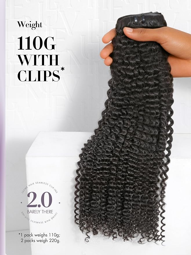 LUVME Invisible Clip ins Hair Extensions Deep Kinky Curly Real Human Hair Remy Hair Clip ins for Women, Natural Human Hair, 24 inch 110g 6Pcs, Natural Black