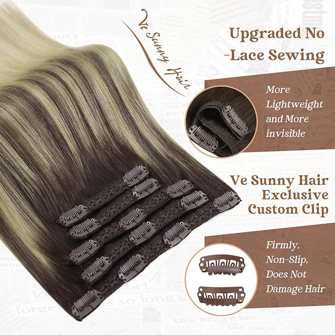 Ve Sunny Clip in Hair Extensions Long Straight Human Hair Clip in Extensions Ombre Real Hair Clips Extensions for Women Dark Brown Ombre Golden Blonde Mix Light Blonde Soft Silky 7pcs 120g 22inch
