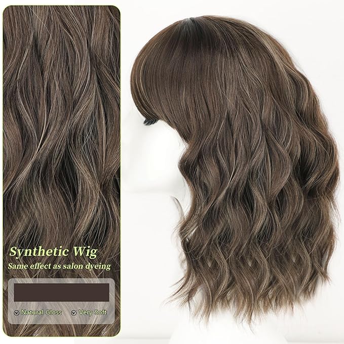 AISI HAIR Curly Bob Wig with Bangs Short Wavy Warm Medium Brown Color Wigs for Women Bob Style Synthetic Heat Resistant Bob Wigs