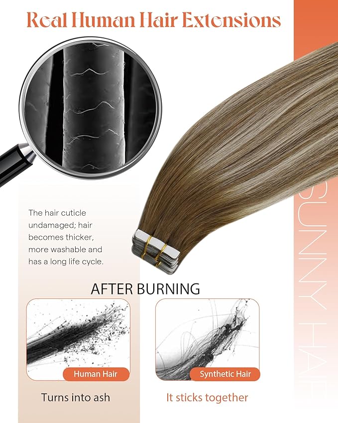Sunny Hair Tape in Hair Extensions Medium Brown Balayage Blonde Tape in Hair Extensions Human Hair, 22 inch Remy Hair Extensions Tape in 20Pcs 50g