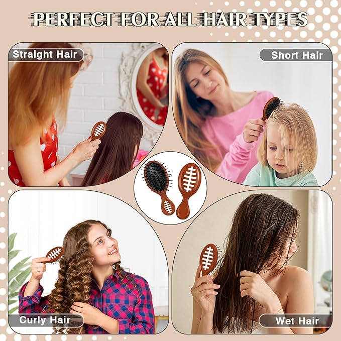 12 Pcs Football Mini Detangler Brush, Mini Travel Hair Brush, Bristles Plastic Detangling Brush, No Tangle Soft Flexible Bristles for Straight, Curly, Thick Hair for Football Team Gift Sport Party