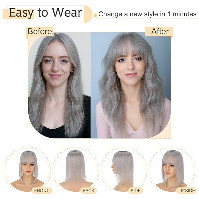 SEGO Grey Hair Toppers for Women Real Human Hair With Bangs, 7 * 13 CM Silk Base Clip In Topper Wiglet, Top Pieces Add Volume -6 Inch G1 Silver Grey