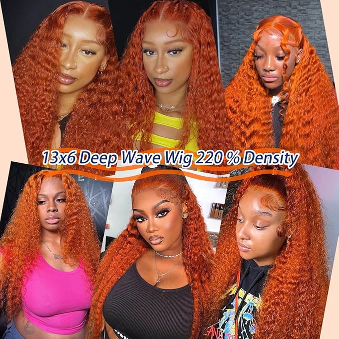 13x6 Ginger Lace Front Wig Human Hair 350# Deep Wave Lace Front Wigs for Black Women Orange Ginger Wig Human Hair Pre Plucked with Natural Hairline 210% Density 18Inch