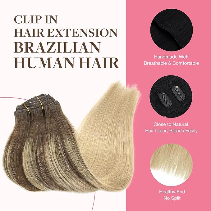 GOO GOO Clip in Hair Extensions Real Human Hair, Remy Human Hair Extensions Clip ins for Women, Natural Human Hair, 22inch 150g 9Pcs, 4/18 Balayage Chocolate Brown Highlighted Dirty Blonde