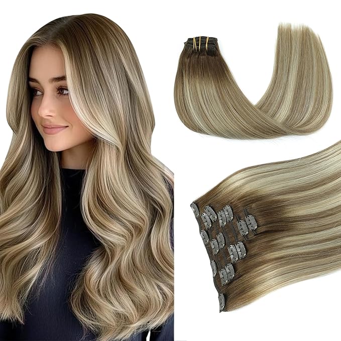 PINKPEARL Clip in Human Hair Extensions #3/8/22 Balayage Walnut Brown to Ash Brown and Golden Blonde Clip in Hair Extensions Real Human Hair 7pcs 120g 18inch Human Hair Extensios Clip ins(#3/8/22-18)